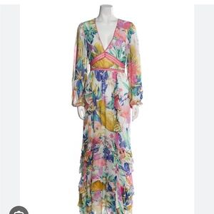 Rococo Sand Multicolor Tropical Floral Maxi Dress with Pink Trim